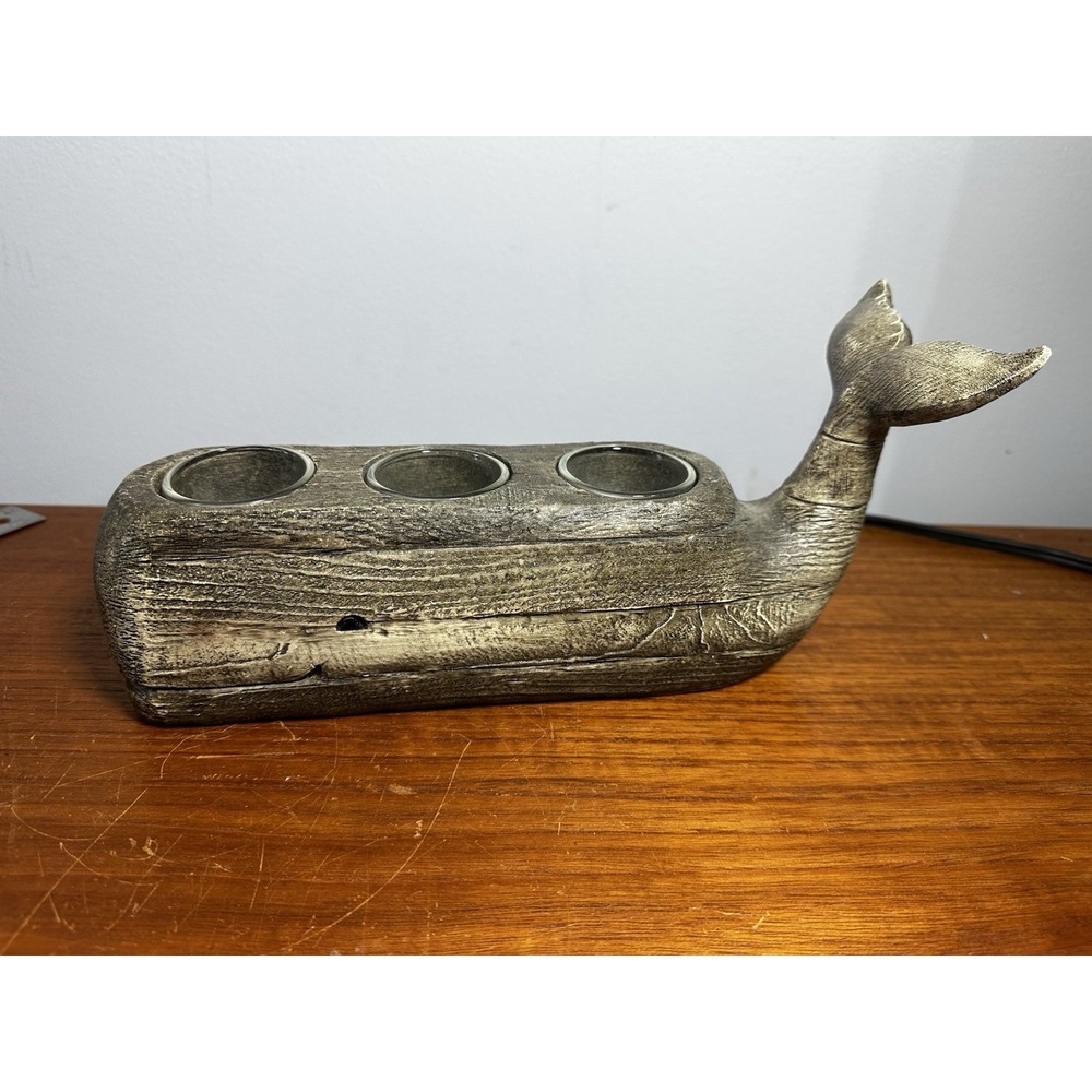 Distressed Wood Finish Resin Smiling Whale Three Hole Tealight Candle Holder